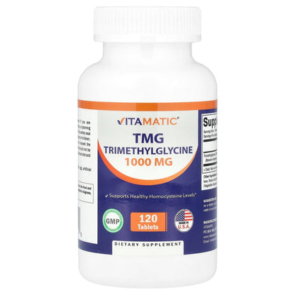 Vitamatic TMG 1000mg Tabletten - Trimethylglycin Betain Anhydrous - 120 Tabletten - 120 Portionen - Non-GMO & Glutenfrei