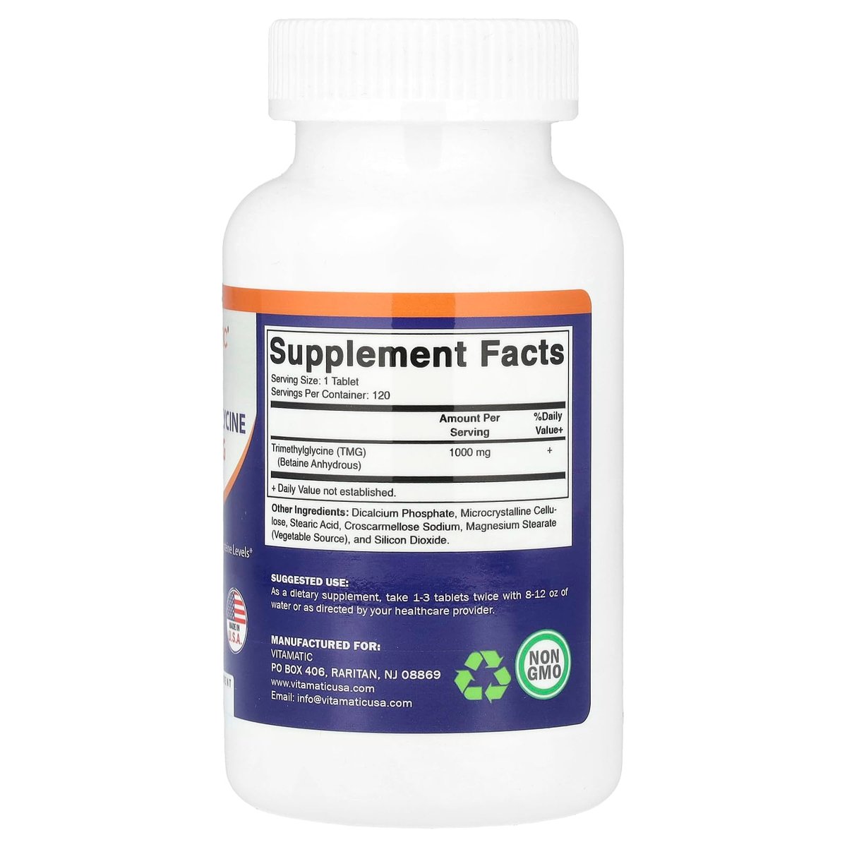 Vitamatic TMG 1000mg Tabletten - Trimethylglycin Betain Anhydrous - 120 Tabletten - 120 Portionen - Non-GMO & Glutenfrei