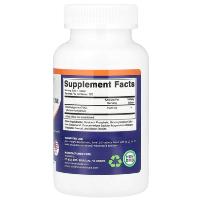 Vitamatic TMG 1000mg Tabletten - Trimethylglycin Betain Anhydrous - 120 Tabletten - 120 Portionen - Non-GMO & Glutenfrei