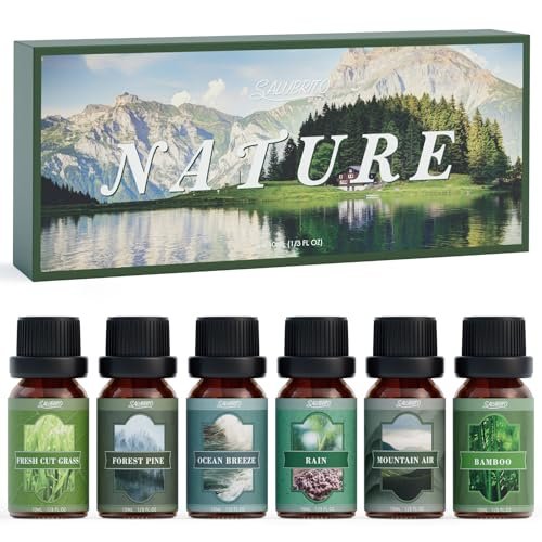 SALUBRITO Nature Fragrance Öle Set – 6 Premium Duftöle für Diffuser, Kerzen & Seifen: Waldkiefer, Meeresbrise, Regen, Frisch geschnittenes Gras, Bergluft, Bambus – 2 Fl Oz (Packung mit 1)