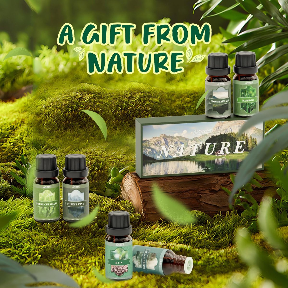 SALUBRITO Nature Fragrance Öle Set – 6 Premium Duftöle für Diffuser, Kerzen & Seifen: Waldkiefer, Meeresbrise, Regen, Frisch geschnittenes Gras, Bergluft, Bambus – 2 Fl Oz (Packung mit 1)