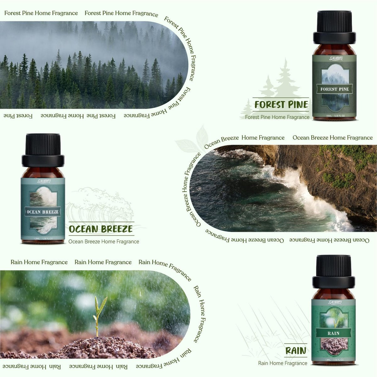 SALUBRITO Nature Fragrance Öle Set – 6 Premium Duftöle für Diffuser, Kerzen & Seifen: Waldkiefer, Meeresbrise, Regen, Frisch geschnittenes Gras, Bergluft, Bambus – 2 Fl Oz (Packung mit 1)