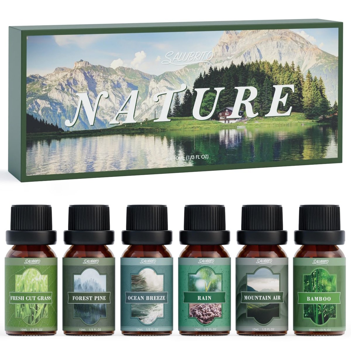 SALUBRITO Nature Fragrance Öle Set – 6 Premium Duftöle für Diffuser, Kerzen & Seifen: Waldkiefer, Meeresbrise, Regen, Frisch geschnittenes Gras, Bergluft, Bambus – 2 Fl Oz (Packung mit 1)