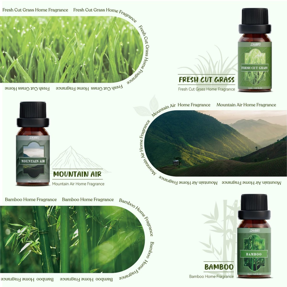 SALUBRITO Nature Fragrance Öle Set – 6 Premium Duftöle für Diffuser, Kerzen & Seifen: Waldkiefer, Meeresbrise, Regen, Frisch geschnittenes Gras, Bergluft, Bambus – 2 Fl Oz (Packung mit 1)