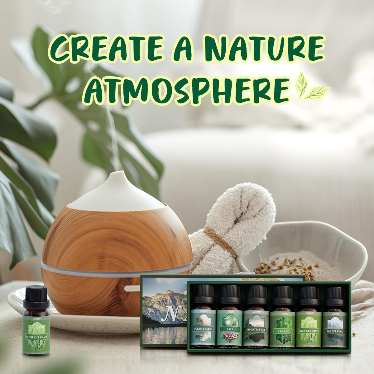 SALUBRITO Nature Fragrance Öle Set – 6 Premium Duftöle für Diffuser, Kerzen & Seifen: Waldkiefer, Meeresbrise, Regen, Frisch geschnittenes Gras, Bergluft, Bambus – 2 Fl Oz (Packung mit 1)