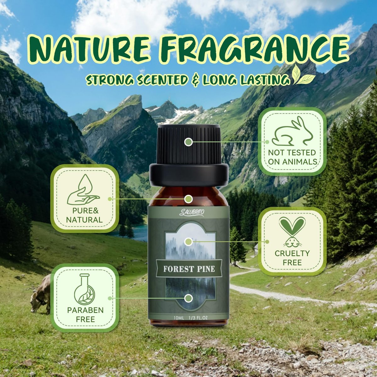 SALUBRITO Nature Fragrance Öle Set – 6 Premium Duftöle für Diffuser, Kerzen & Seifen: Waldkiefer, Meeresbrise, Regen, Frisch geschnittenes Gras, Bergluft, Bambus – 2 Fl Oz (Packung mit 1)