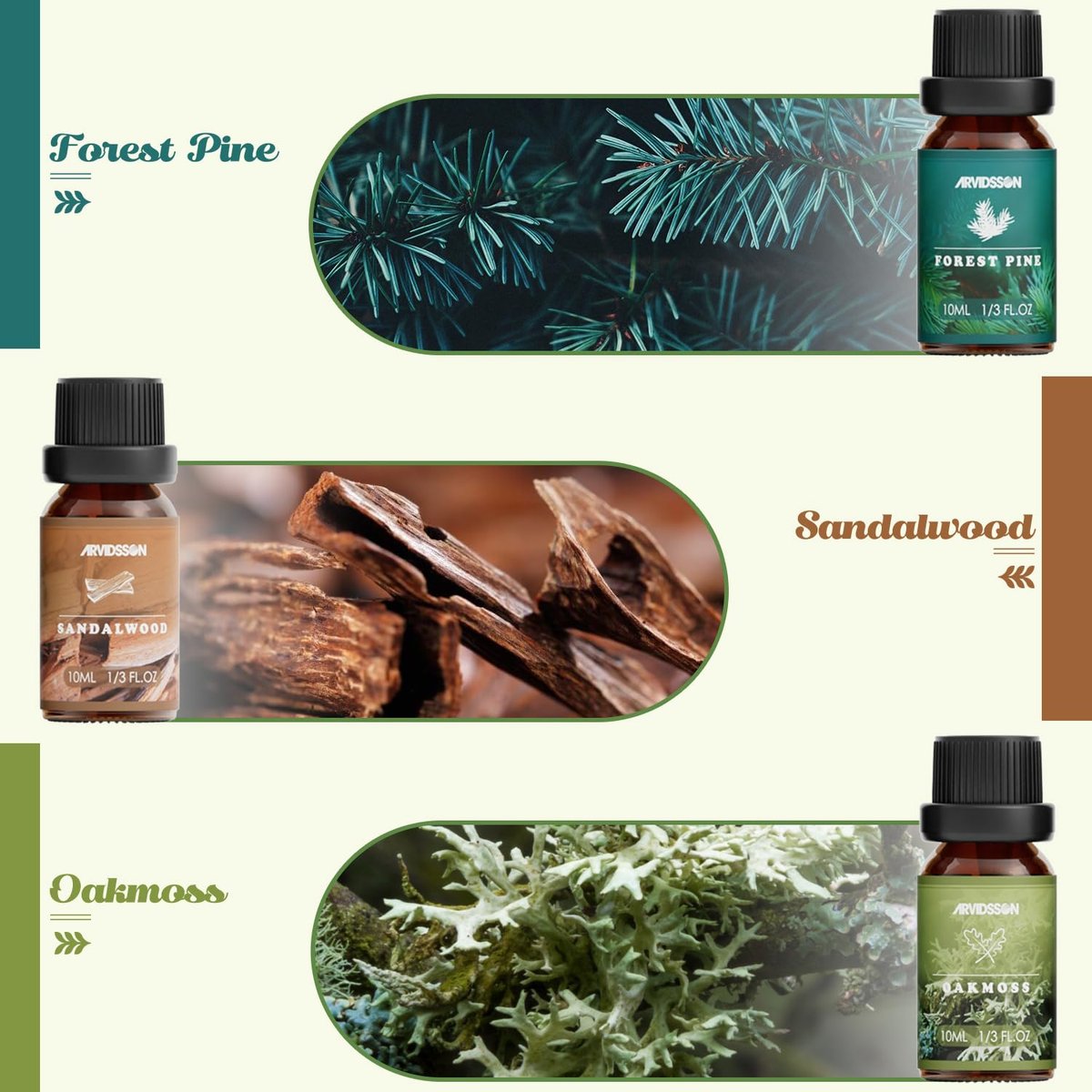 ARVIDSSON Nature Essential Oil Set – 6 natürliche Duftöle für Kerzen, Diffuser & Aromatherapie (Frisch geschnittenes Gras, Meeresbrise, Regen, Kiefer, Sandelholz, Eichenmoos) 10 ml