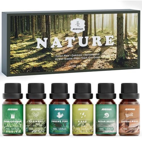 ARVIDSSON Nature Essential Oil Set – 6 natürliche Duftöle für Kerzen, Diffuser & Aromatherapie (Frisch geschnittenes Gras, Meeresbrise, Regen, Kiefer, Sandelholz, Eichenmoos) 10 ml
