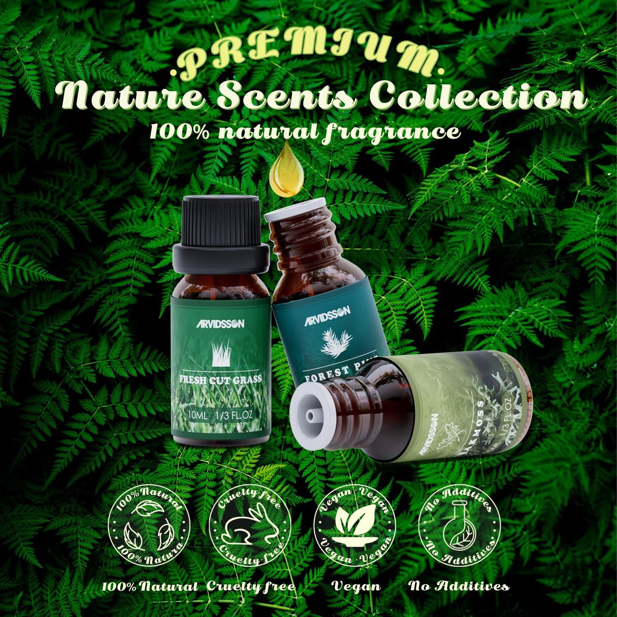 ARVIDSSON Nature Essential Oil Set – 6 natürliche Duftöle für Kerzen, Diffuser & Aromatherapie (Frisch geschnittenes Gras, Meeresbrise, Regen, Kiefer, Sandelholz, Eichenmoos) 10 ml