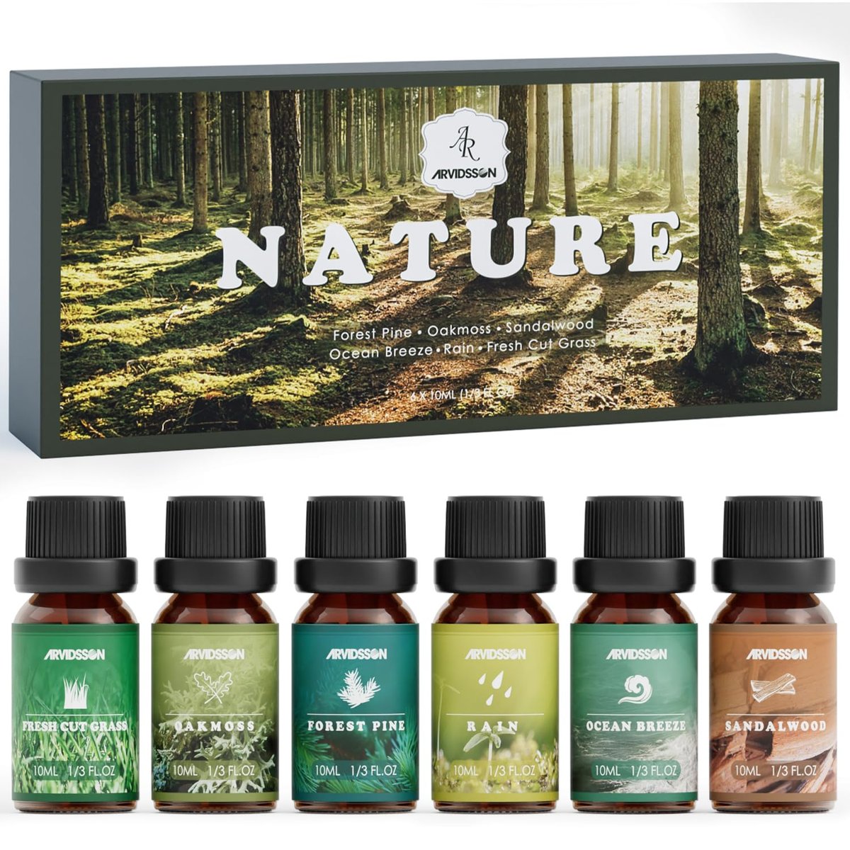 ARVIDSSON Nature Essential Oil Set – 6 natürliche Duftöle für Kerzen, Diffuser & Aromatherapie (Frisch geschnittenes Gras, Meeresbrise, Regen, Kiefer, Sandelholz, Eichenmoos) 10 ml