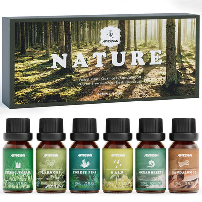ARVIDSSON Nature Essential Oil Set – 6 natürliche Duftöle für Kerzen, Diffuser & Aromatherapie (Frisch geschnittenes Gras, Meeresbrise, Regen, Kiefer, Sandelholz, Eichenmoos) 10 ml