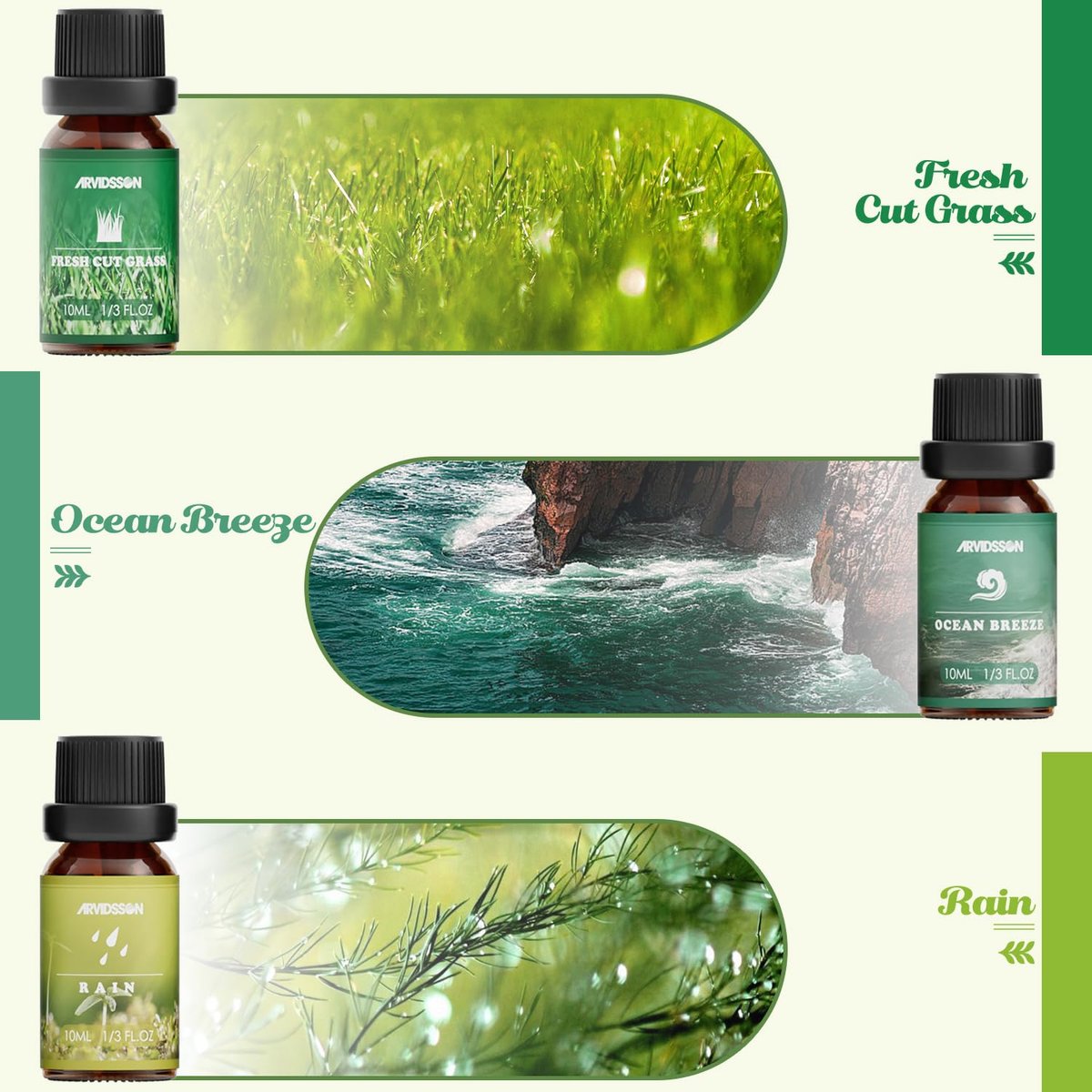 ARVIDSSON Nature Essential Oil Set – 6 natürliche Duftöle für Kerzen, Diffuser & Aromatherapie (Frisch geschnittenes Gras, Meeresbrise, Regen, Kiefer, Sandelholz, Eichenmoos) 10 ml