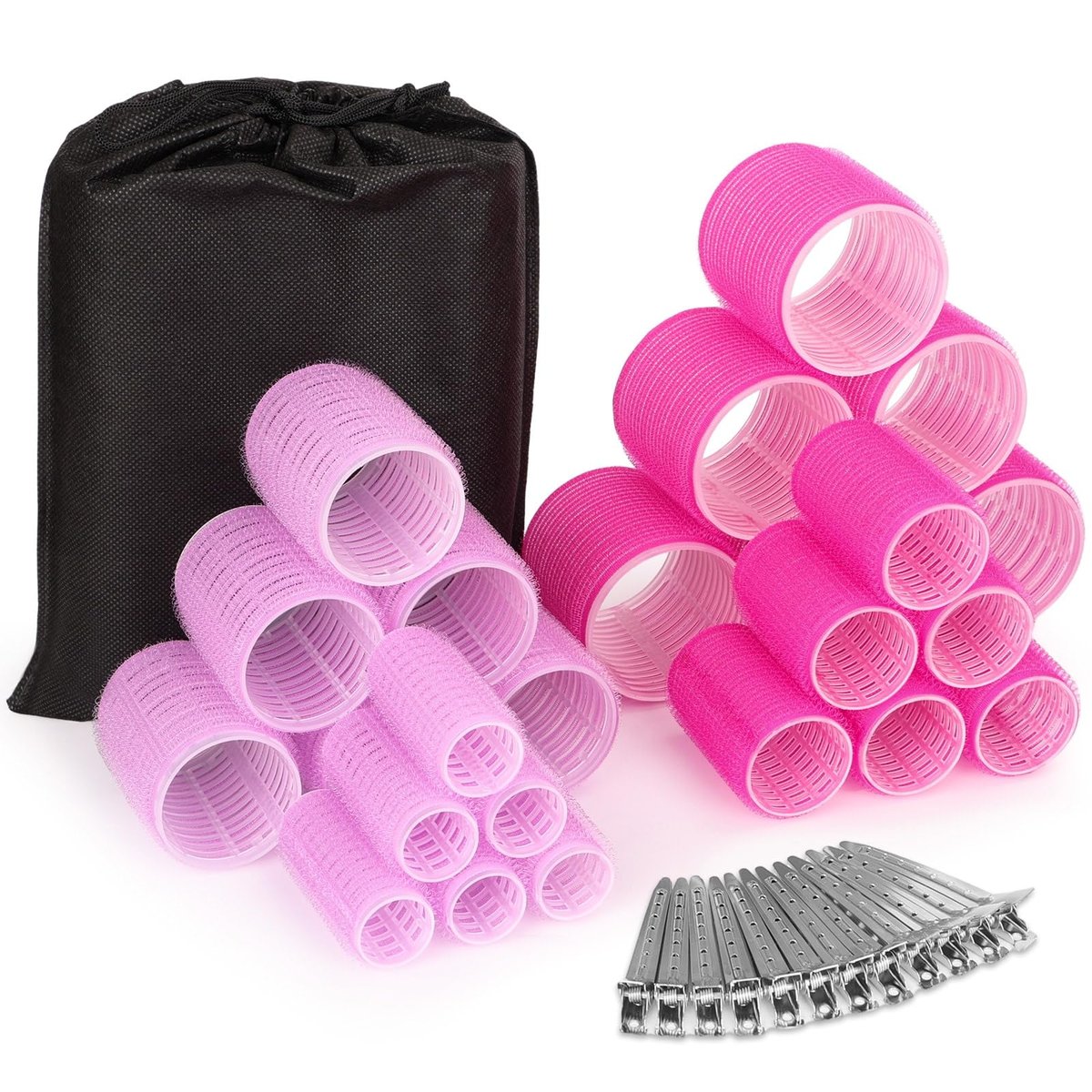 Selizo Lockenwickler Set 36-teilig – 4 Größen (6 Jumbo, 6 Groß, 6 Mittel & 6 Klein), 12 Haarklammern für langes, dickes Haar, Pink