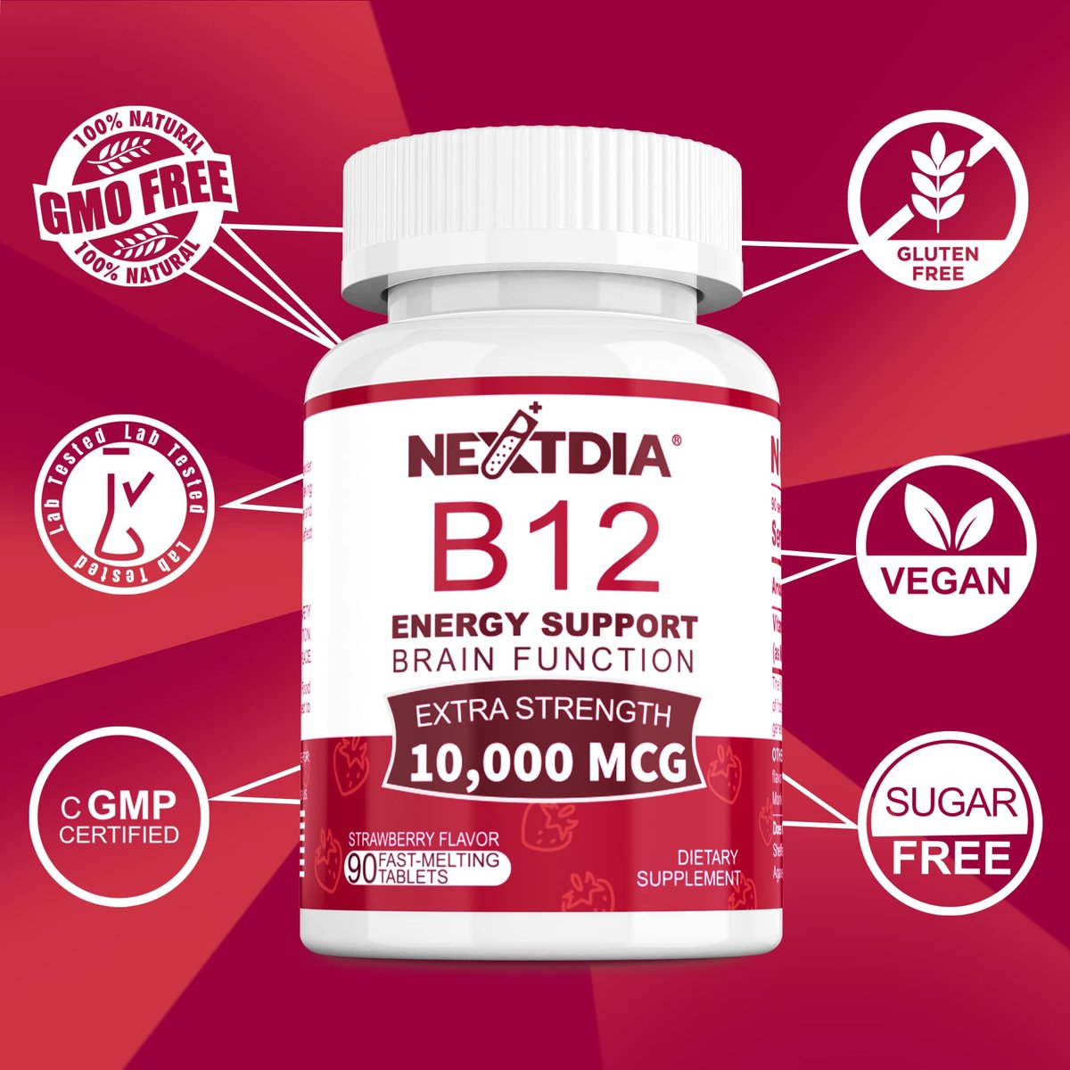 Vitamin B12, Methylcobalamin 10000 mcg, Aktive B12 Vitamine, Veganes Methyl-B12 für Energiestoffwechsel & Gehirngesundheit, Stärkt das Immunsystem, Natürlicher Erdbeergeschmack, Ohne Zucker, 90 schnell lösliche Tabletten