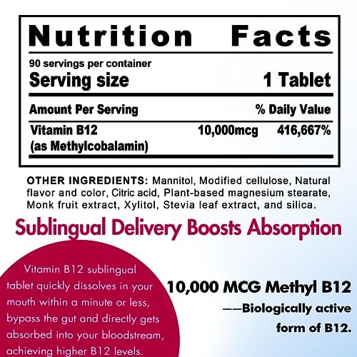 Vitamin B12, Methylcobalamin 10000 mcg, Aktive B12 Vitamine, Veganes Methyl-B12 für Energiestoffwechsel & Gehirngesundheit, Stärkt das Immunsystem, Natürlicher Erdbeergeschmack, Ohne Zucker, 90 schnell lösliche Tabletten