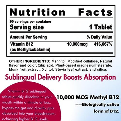 Vitamin B12, Methylcobalamin 10000 mcg, Aktive B12 Vitamine, Veganes Methyl-B12 für Energiestoffwechsel & Gehirngesundheit, Stärkt das Immunsystem, Natürlicher Erdbeergeschmack, Ohne Zucker, 90 schnell lösliche Tabletten