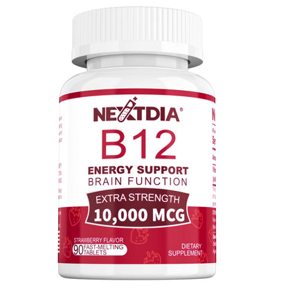 Vitamin B12, Methylcobalamin 10000 mcg, Aktive B12 Vitamine, Veganes Methyl-B12 für Energiestoffwechsel & Gehirngesundheit, Stärkt das Immunsystem, Natürlicher Erdbeergeschmack, Ohne Zucker, 90 schnell lösliche Tabletten