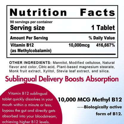 Vitamin B12, Methylcobalamin 10000 mcg, Aktive B12 Vitamine, Veganes Methyl-B12 für Energiestoffwechsel & Gehirngesundheit, Stärkt das Immunsystem, Natürlicher Erdbeergeschmack, Ohne Zucker, 90 schnell lösliche Tabletten