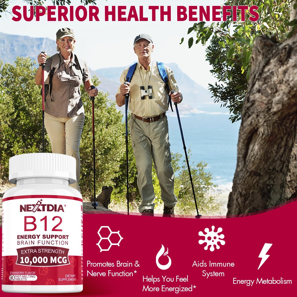 Vitamin B12, Methylcobalamin 10000 mcg, Aktive B12 Vitamine, Veganes Methyl-B12 für Energiestoffwechsel & Gehirngesundheit, Stärkt das Immunsystem, Natürlicher Erdbeergeschmack, Ohne Zucker, 90 schnell lösliche Tabletten