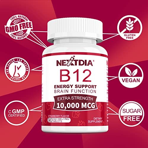 Vitamin B12, Methylcobalamin 10000 mcg, Aktive B12 Vitamine, Veganes Methyl-B12 für Energiestoffwechsel & Gehirngesundheit, Stärkt das Immunsystem, Natürlicher Erdbeergeschmack, Ohne Zucker, 90 schnell lösliche Tabletten
