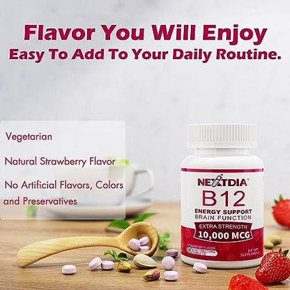 Vitamin B12, Methylcobalamin 10000 mcg, Aktive B12 Vitamine, Veganes Methyl-B12 für Energiestoffwechsel & Gehirngesundheit, Stärkt das Immunsystem, Natürlicher Erdbeergeschmack, Ohne Zucker, 90 schnell lösliche Tabletten