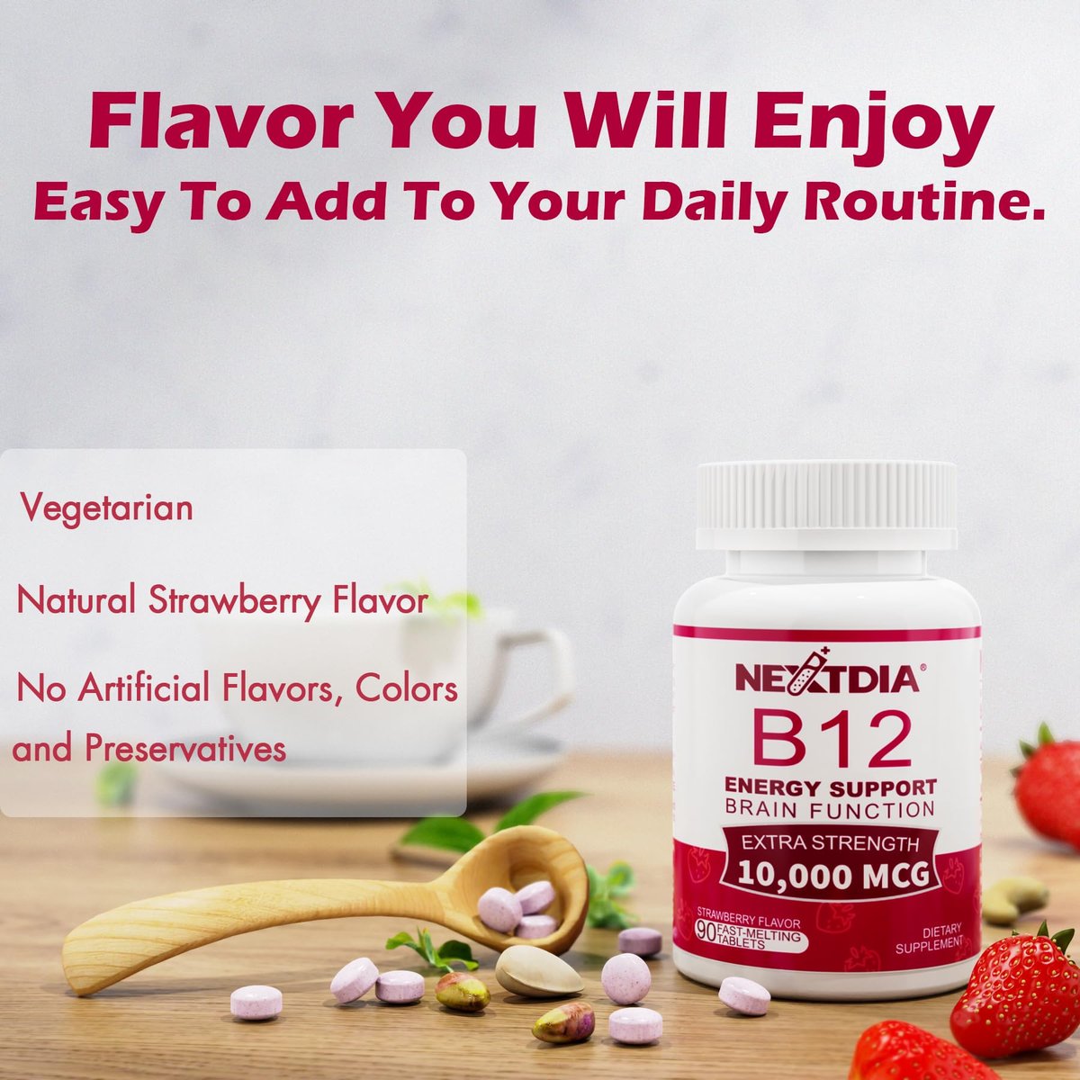 Vitamin B12, Methylcobalamin 10000 mcg, Aktive B12 Vitamine, Veganes Methyl-B12 für Energiestoffwechsel & Gehirngesundheit, Stärkt das Immunsystem, Natürlicher Erdbeergeschmack, Ohne Zucker, 90 schnell lösliche Tabletten