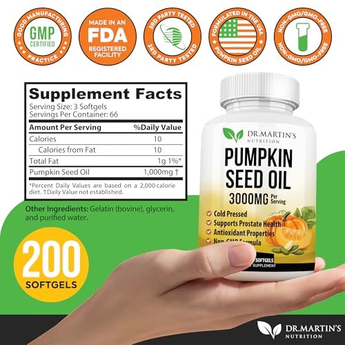 3000 mg Kürbiskernöl-Kapseln | DHT-Blocker für Prostata & Haarwachstum | Kaltgepresst mit essentiellen Fettsäuren & Phytosterolen, unterstützt Harnwegs- & Hautgesundheit Omega 3-6-9, 200 Softgels