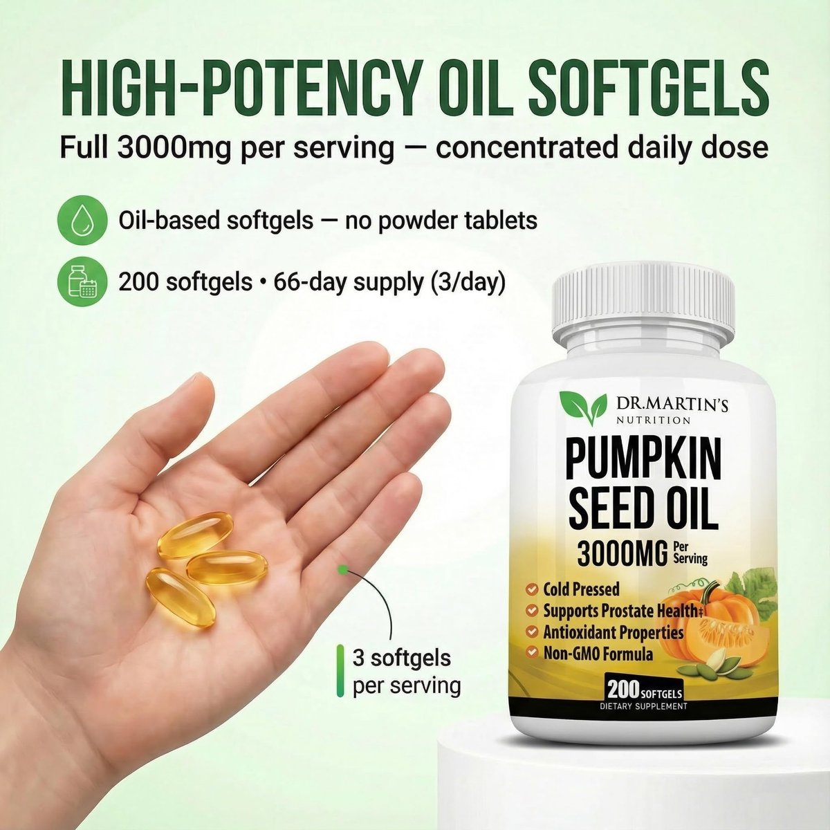 3000 mg Kürbiskernöl-Kapseln | DHT-Blocker für Prostata & Haarwachstum | Kaltgepresst mit essentiellen Fettsäuren & Phytosterolen, unterstützt Harnwegs- & Hautgesundheit Omega 3-6-9, 200 Softgels