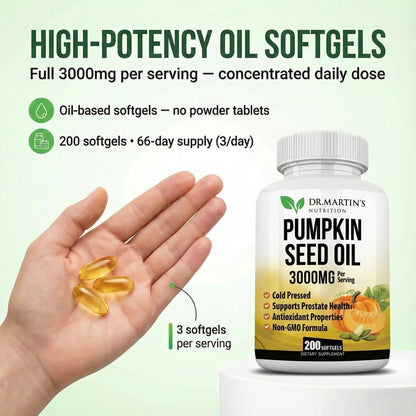 3000 mg Kürbiskernöl-Kapseln | DHT-Blocker für Prostata & Haarwachstum | Kaltgepresst mit essentiellen Fettsäuren & Phytosterolen, unterstützt Harnwegs- & Hautgesundheit Omega 3-6-9, 200 Softgels
