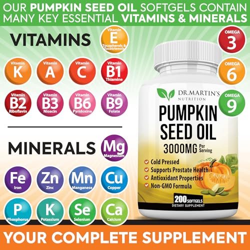 3000 mg Kürbiskernöl-Kapseln | DHT-Blocker für Prostata & Haarwachstum | Kaltgepresst mit essentiellen Fettsäuren & Phytosterolen, unterstützt Harnwegs- & Hautgesundheit Omega 3-6-9, 200 Softgels