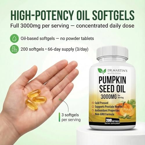 3000 mg Kürbiskernöl-Kapseln | DHT-Blocker für Prostata & Haarwachstum | Kaltgepresst mit essentiellen Fettsäuren & Phytosterolen, unterstützt Harnwegs- & Hautgesundheit Omega 3-6-9, 200 Softgels