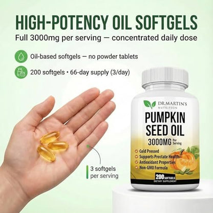 3000 mg Kürbiskernöl-Kapseln | DHT-Blocker für Prostata & Haarwachstum | Kaltgepresst mit essentiellen Fettsäuren & Phytosterolen, unterstützt Harnwegs- & Hautgesundheit Omega 3-6-9, 200 Softgels