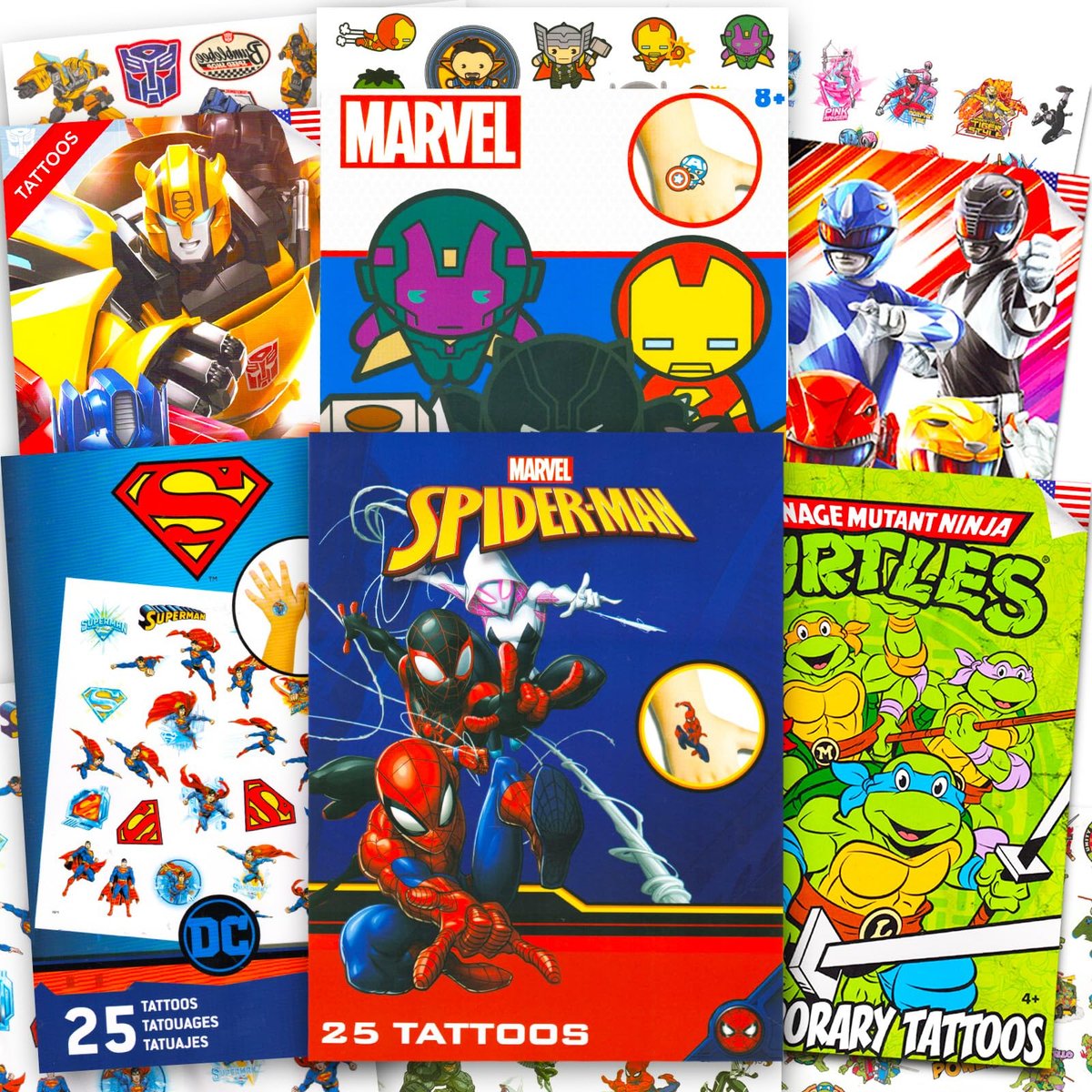 Superhelden Tattoos Ultimativer Set - Bundle mit 150 Stück temporären Superhelden-Tattoos | Marvel Avengers Superman "TMNT" Power Rangers Transformers