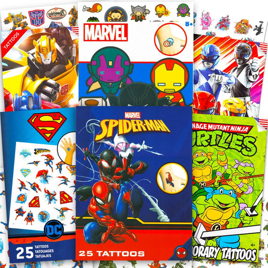 Superhelden Tattoos Ultimativer Set - Bundle mit 150 Stück temporären Superhelden-Tattoos | Marvel Avengers Superman "TMNT" Power Rangers Transformers