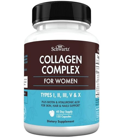 BioSchwartz Hydrolysiertes Multi-Kollagen mit Vitamin C, Biotin, Keratin und Hyaluronsäure – 135 Kapseln für Haut, Haare und Nägel