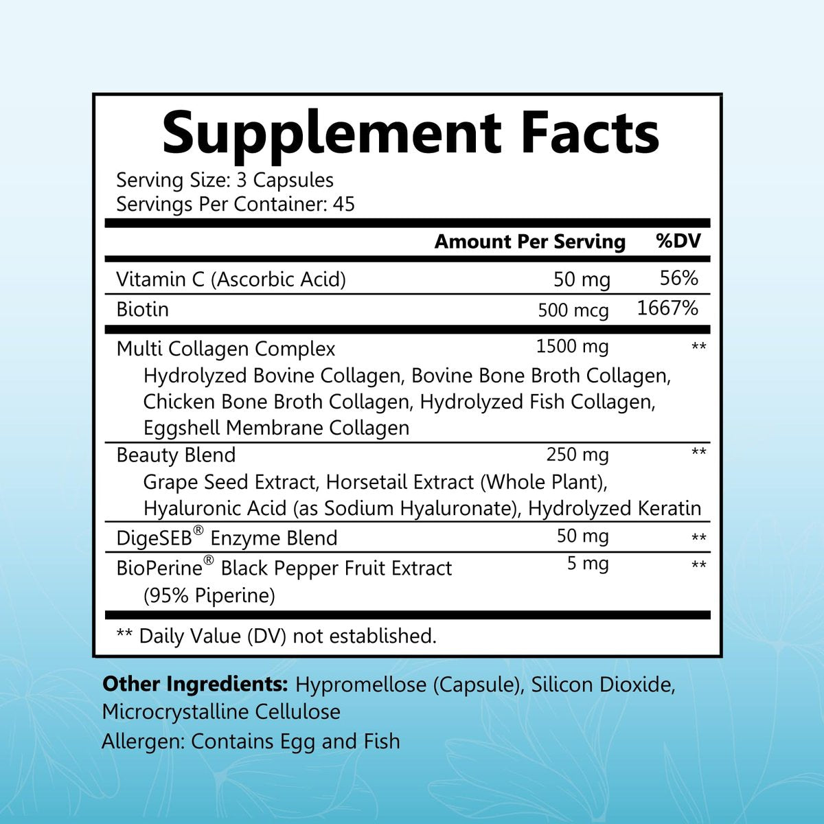BioSchwartz Hydrolysiertes Multi-Kollagen mit Vitamin C, Biotin, Keratin und Hyaluronsäure – 135 Kapseln für Haut, Haare und Nägel