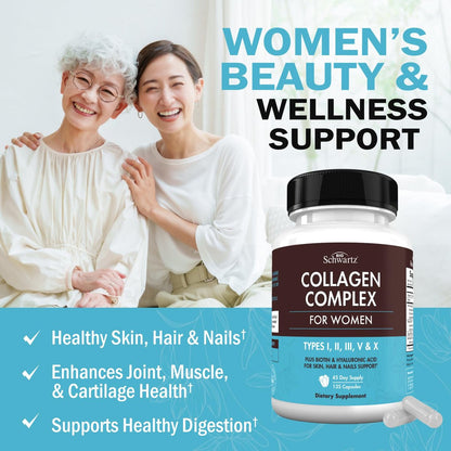 BioSchwartz Hydrolysiertes Multi-Kollagen mit Vitamin C, Biotin, Keratin und Hyaluronsäure – 135 Kapseln für Haut, Haare und Nägel