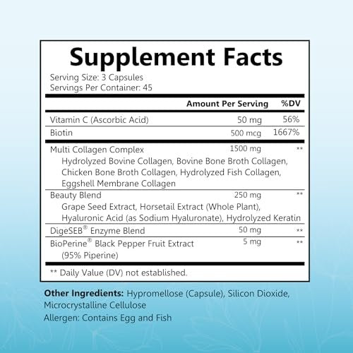 BioSchwartz Hydrolysiertes Multi-Kollagen mit Vitamin C, Biotin, Keratin und Hyaluronsäure – 135 Kapseln für Haut, Haare und Nägel