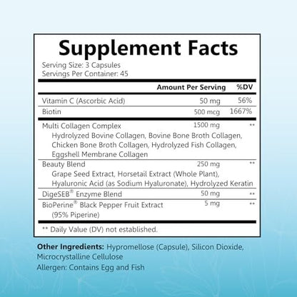 BioSchwartz Hydrolysiertes Multi-Kollagen mit Vitamin C, Biotin, Keratin und Hyaluronsäure – 135 Kapseln für Haut, Haare und Nägel