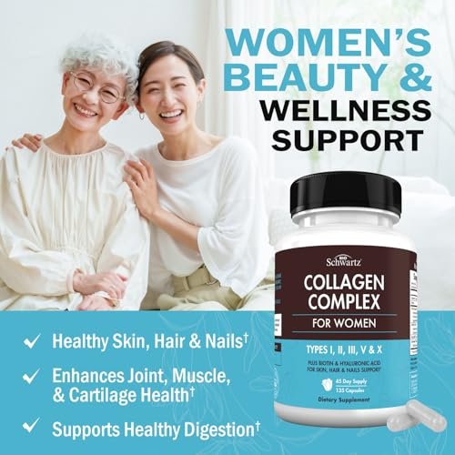BioSchwartz Hydrolysiertes Multi-Kollagen mit Vitamin C, Biotin, Keratin und Hyaluronsäure – 135 Kapseln für Haut, Haare und Nägel