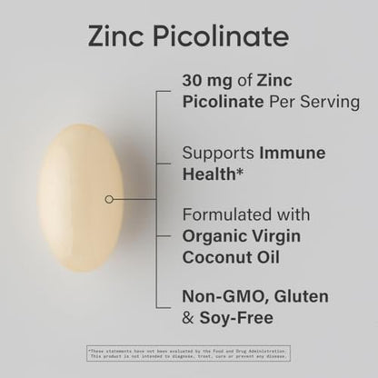 Sports Research Hochdosiertes Zink Picolinat 30 mg mit Bio-Kokosöl – Hoch absorbierbares Zink für Immunsystem & Enzymfunktion – Non-GMO getestet & glutenfrei (180 flüssige Softgels)