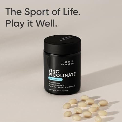Sports Research Hochdosiertes Zink Picolinat 30 mg mit Bio-Kokosöl – Hoch absorbierbares Zink für Immunsystem & Enzymfunktion – Non-GMO getestet & glutenfrei (180 flüssige Softgels)