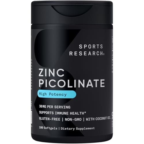 Sports Research Hochdosiertes Zink Picolinat 30 mg mit Bio-Kokosöl – Hoch absorbierbares Zink für Immunsystem & Enzymfunktion – Non-GMO getestet & glutenfrei (180 flüssige Softgels)