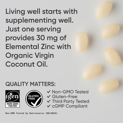 Sports Research Hochdosiertes Zink Picolinat 30 mg mit Bio-Kokosöl – Hoch absorbierbares Zink für Immunsystem & Enzymfunktion – Non-GMO getestet & glutenfrei (180 flüssige Softgels)