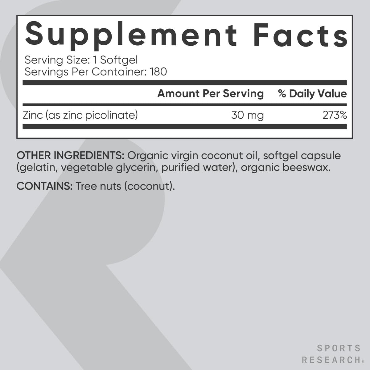 Sports Research Hochdosiertes Zink Picolinat 30 mg mit Bio-Kokosöl – Hoch absorbierbares Zink für Immunsystem & Enzymfunktion – Non-GMO getestet & glutenfrei (180 flüssige Softgels)