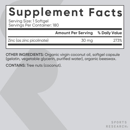 Sports Research Hochdosiertes Zink Picolinat 30 mg mit Bio-Kokosöl – Hoch absorbierbares Zink für Immunsystem & Enzymfunktion – Non-GMO getestet & glutenfrei (180 flüssige Softgels)