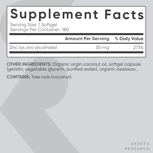 Sports Research Hochdosiertes Zink Picolinat 30 mg mit Bio-Kokosöl – Hoch absorbierbares Zink für Immunsystem & Enzymfunktion – Non-GMO getestet & glutenfrei (180 flüssige Softgels)