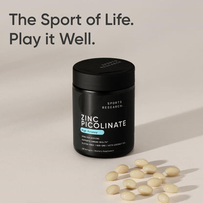 Sports Research Hochdosiertes Zink Picolinat 30 mg mit Bio-Kokosöl – Hoch absorbierbares Zink für Immunsystem & Enzymfunktion – Non-GMO getestet & glutenfrei (180 flüssige Softgels)