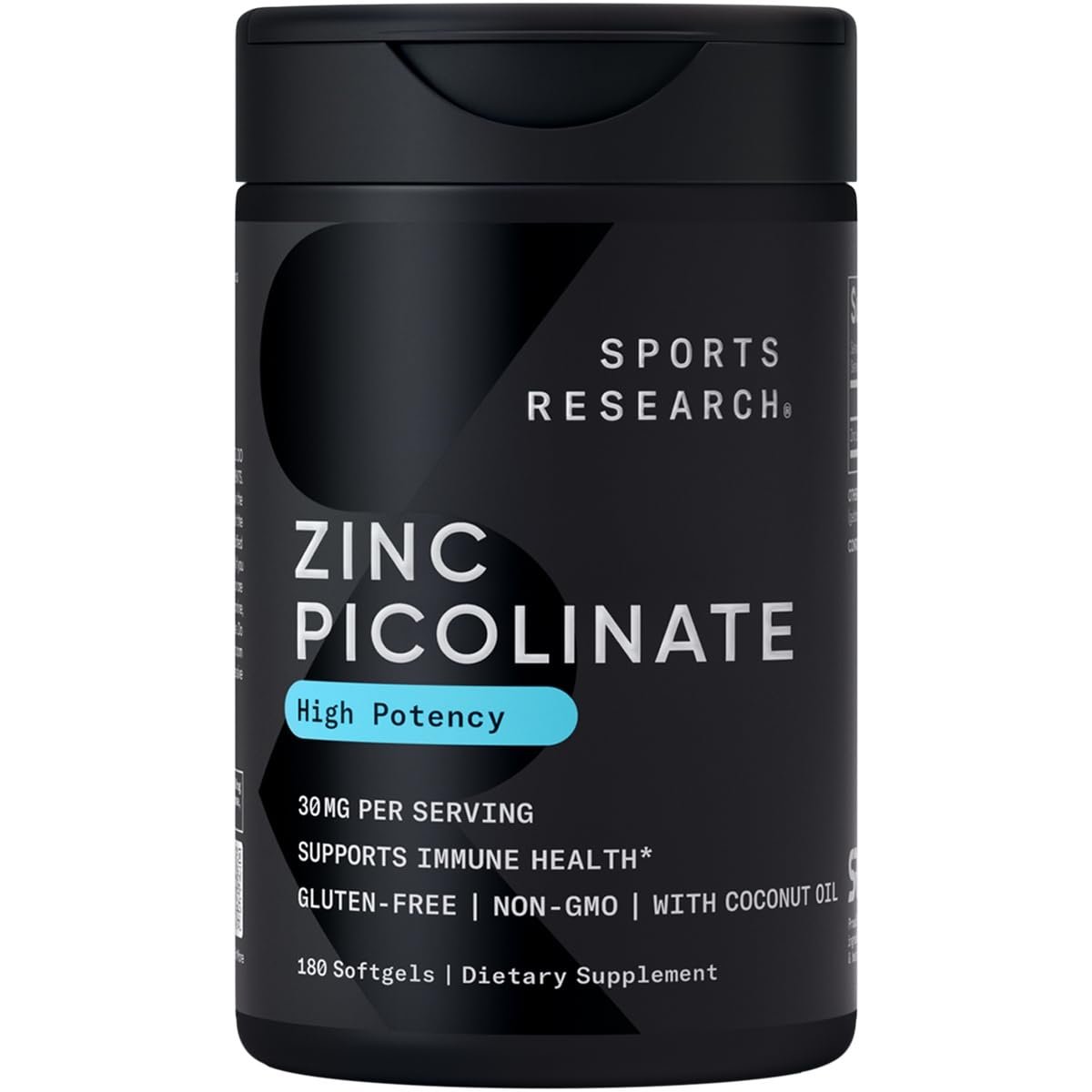 Sports Research Hochdosiertes Zink Picolinat 30 mg mit Bio-Kokosöl – Hoch absorbierbares Zink für Immunsystem & Enzymfunktion – Non-GMO getestet & glutenfrei (180 flüssige Softgels)