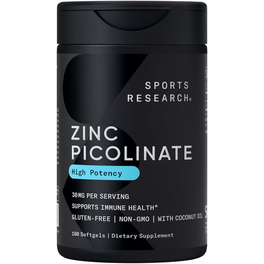 Sports Research Hochdosiertes Zink Picolinat 30 mg mit Bio-Kokosöl – Hoch absorbierbares Zink für Immunsystem & Enzymfunktion – Non-GMO getestet & glutenfrei (180 flüssige Softgels)